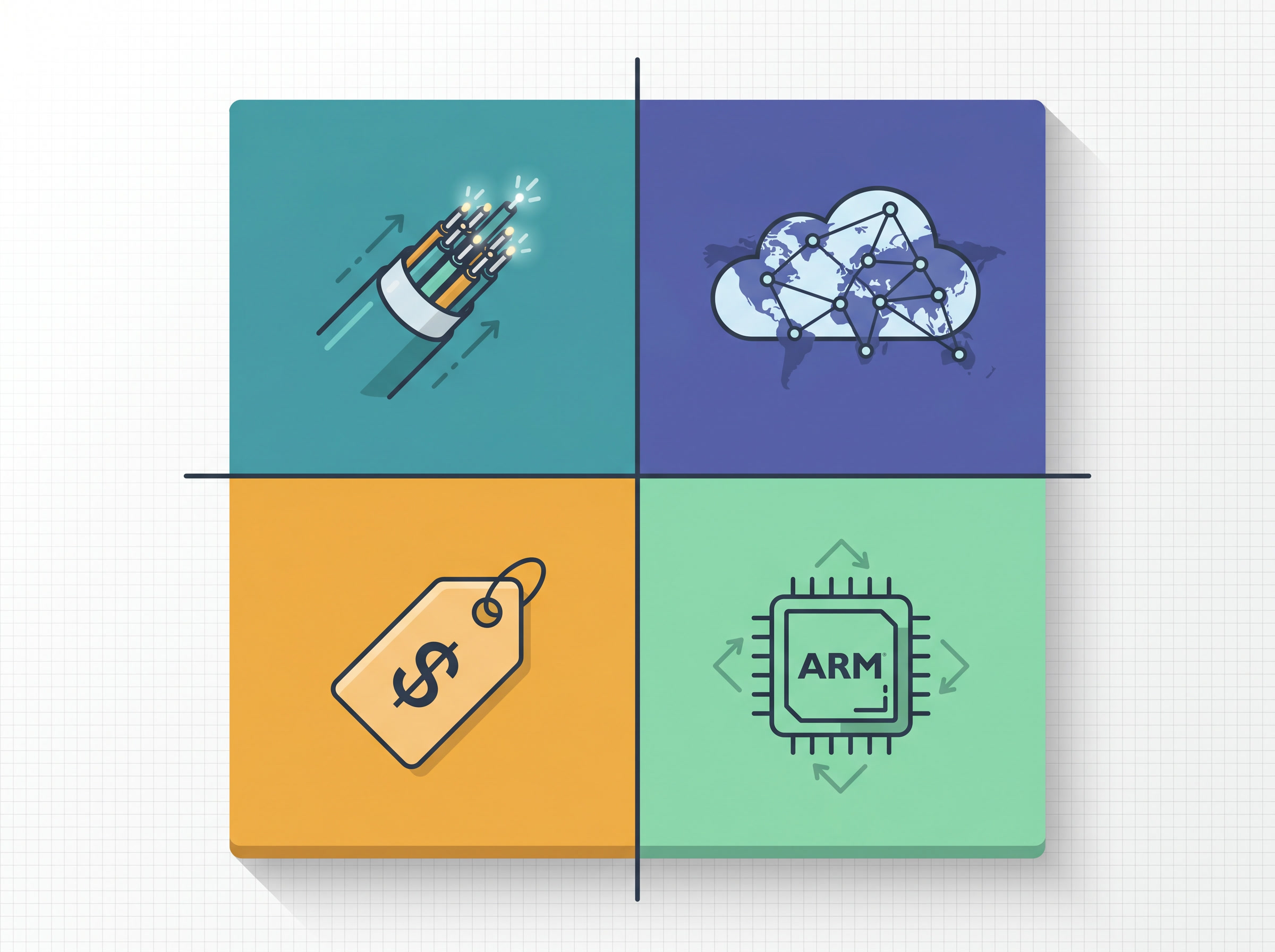 vps推荐 — 四种 VPS 类型图示，CN2 GIA、国际 BGP、廉价 VPS、ARM VPS 的对比信息图