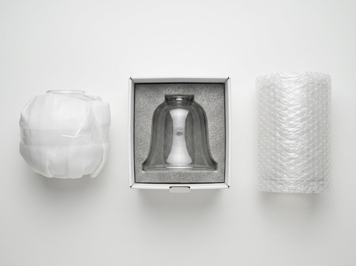 outdoor glass lamp shade packaging — showing packaging configurations for globe, bell, and cylinder shade types side by side