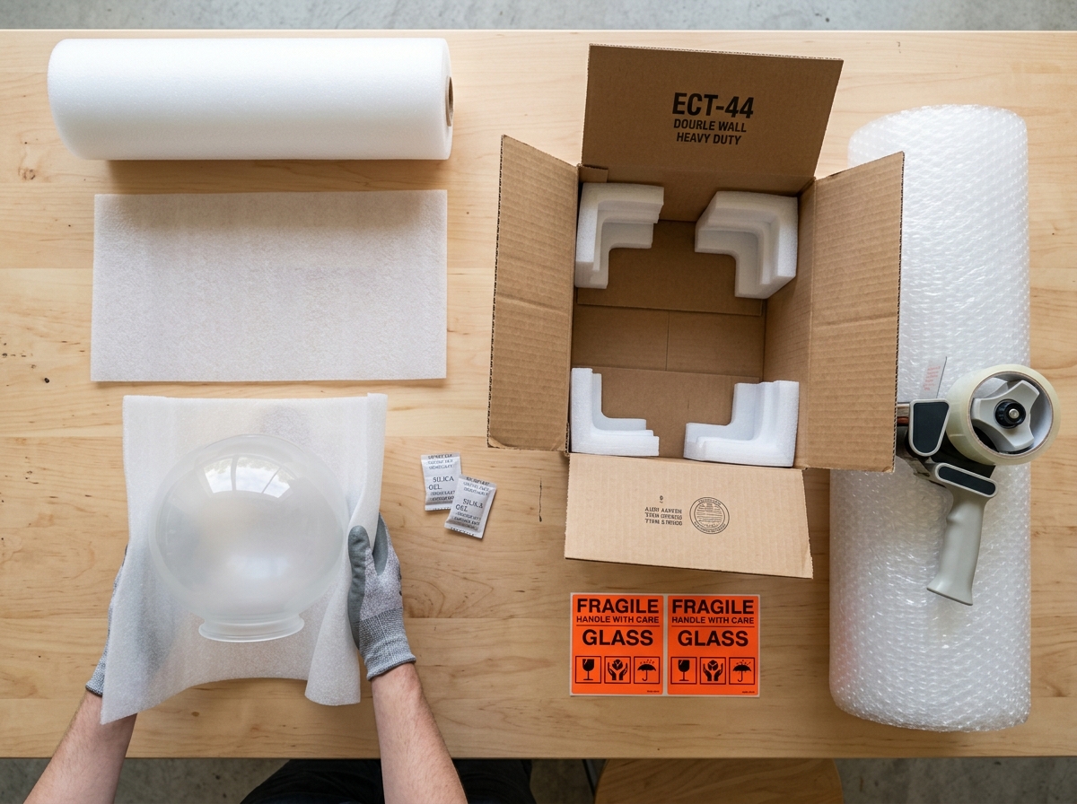 outdoor glass lamp shade packaging — step-by-step materials layout showing foam wrapping, corrugated box, and desiccant pack