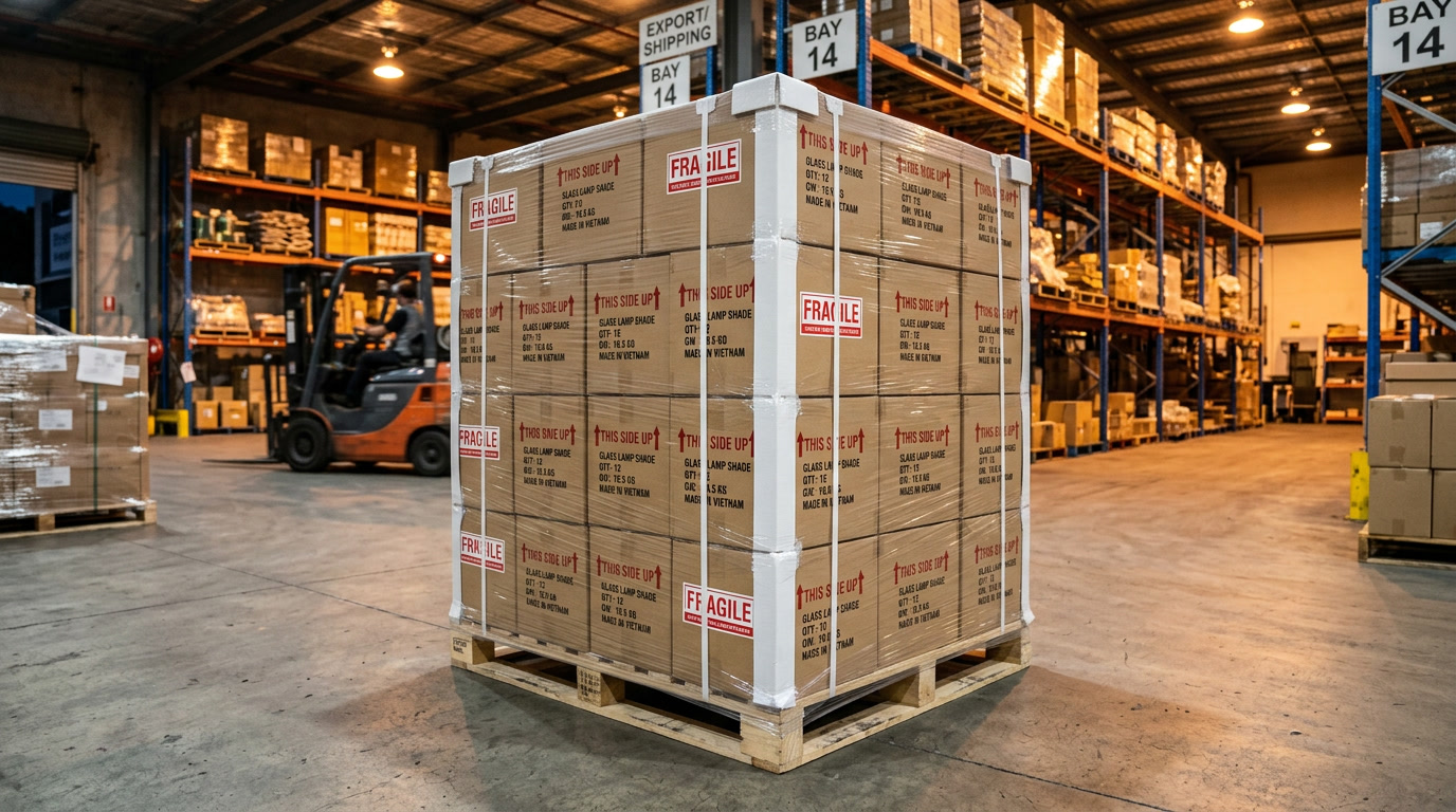 outdoor glass lamp shade packaging — final product ready to ship, well-labeled corrugated boxes on a pallet in a warehouse
