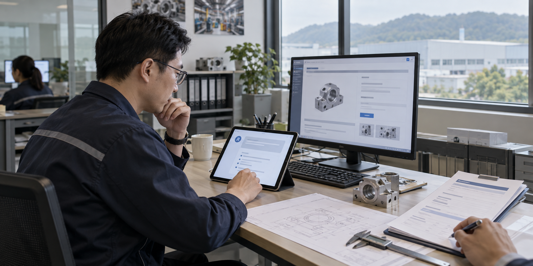 Asian procurement manager moving from an AI answer to a technical supplier page and quote request