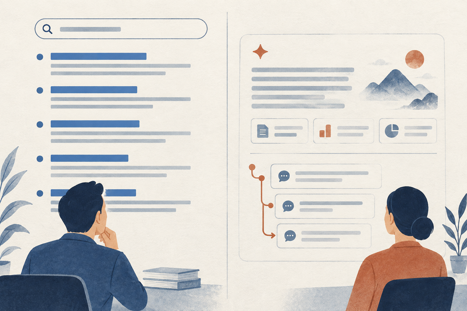 Split illustration comparing a conventional ranked link list with a synthesized answer and follow-up questions