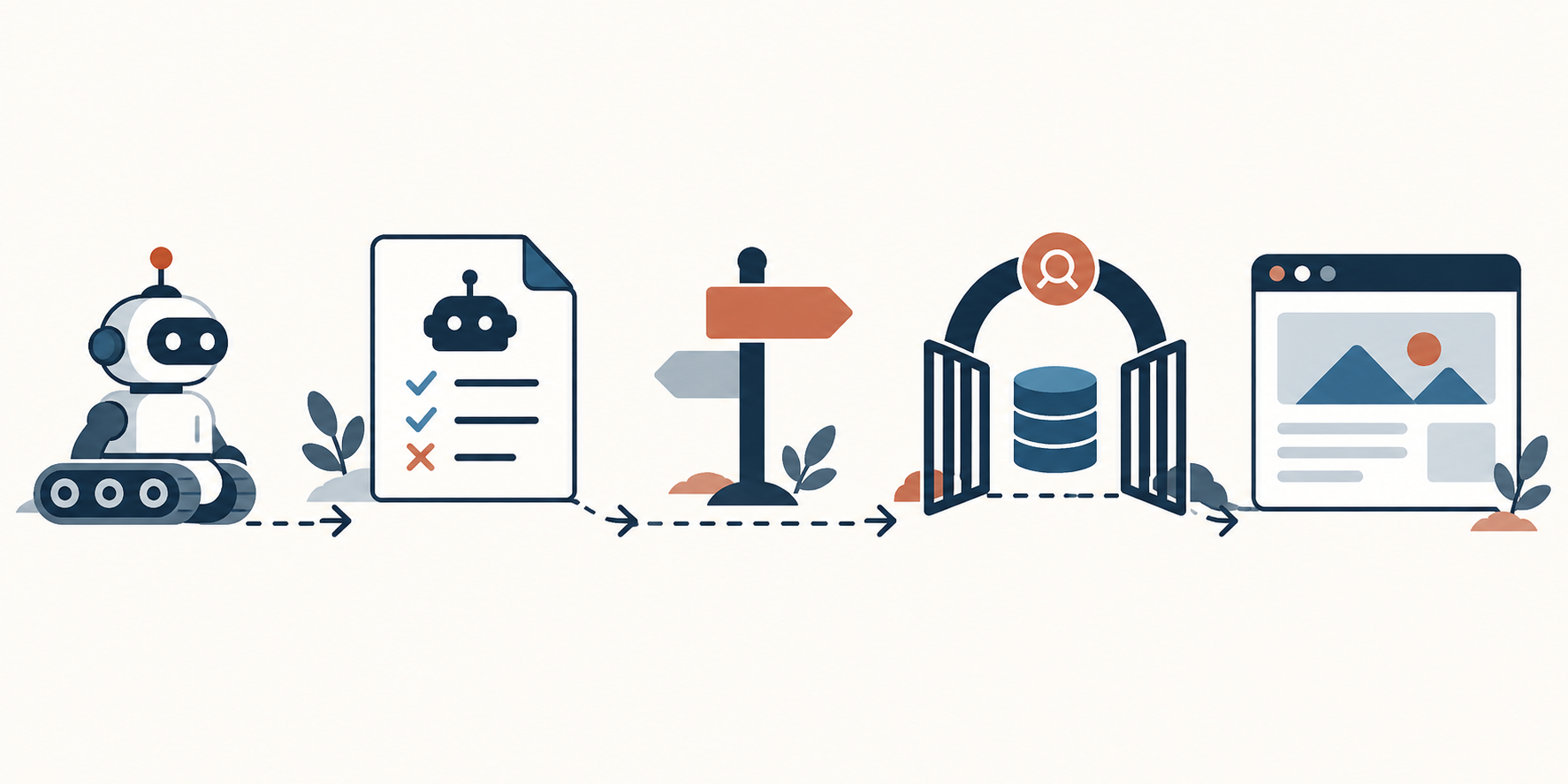Crawler path passing through robots permission, canonical route, index gate and a visible webpage