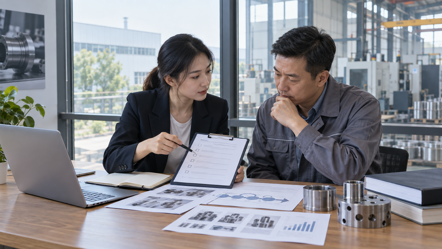 Asian SEO strategist and industrial buyer reviewing a website diagnostic checklist and content plan