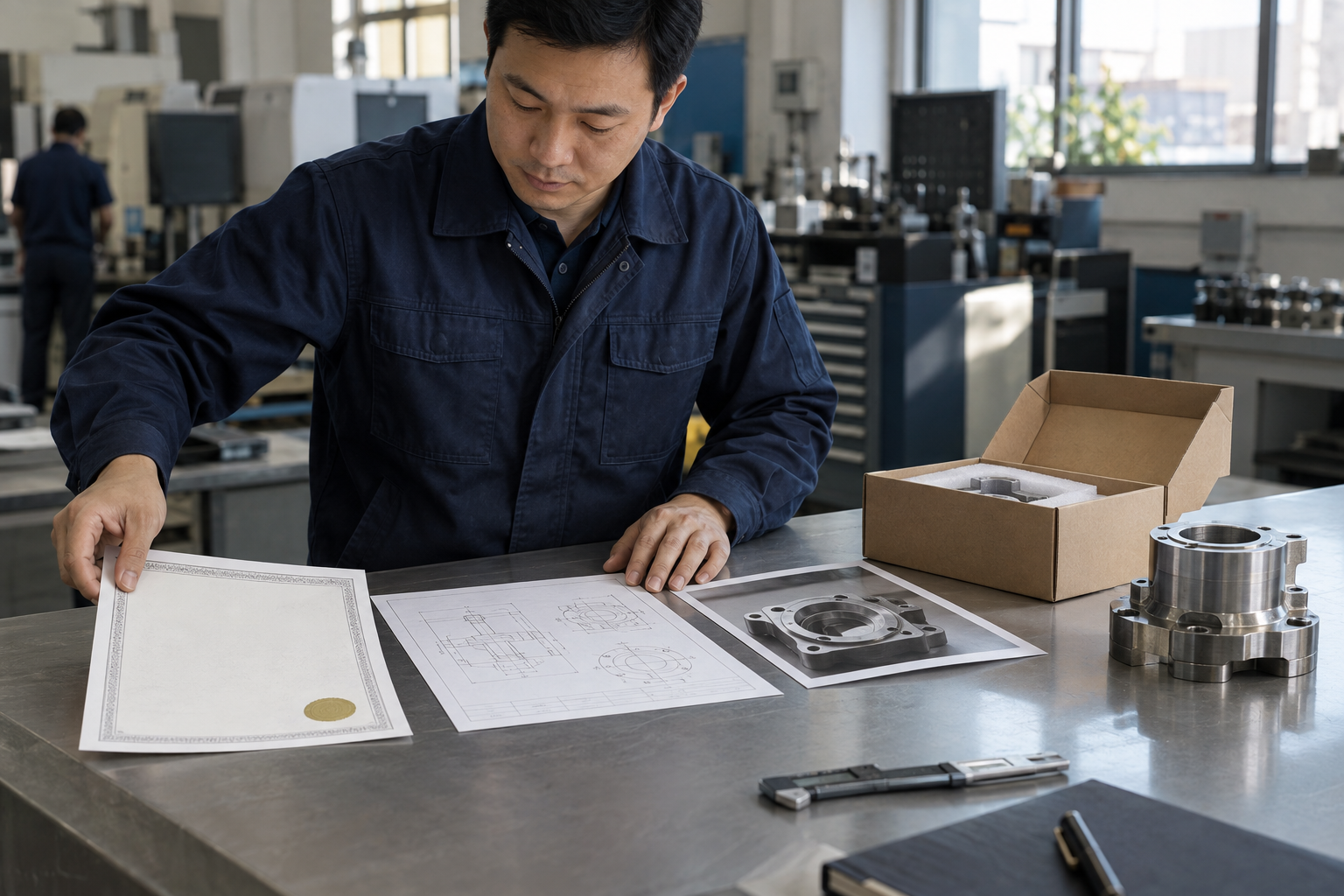 Asian B2B engineer arranging certificates, drawings, inspection photos, packaging and a product component