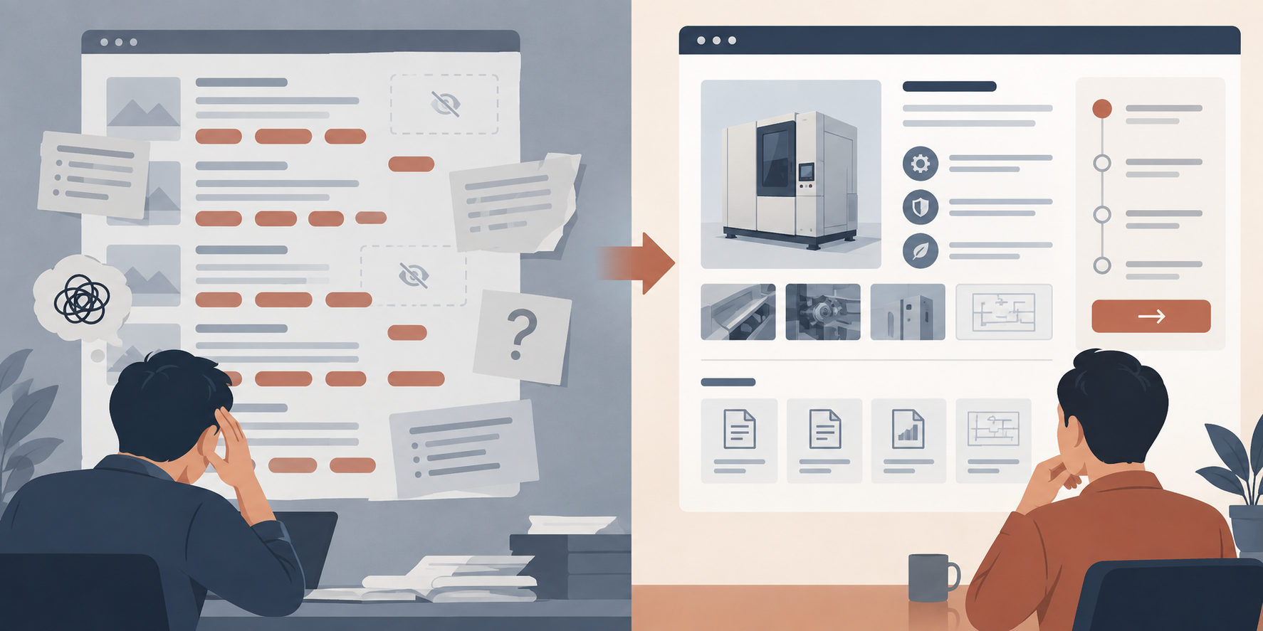 Before and after comparison of a cluttered keyword page and a calm evidence-led technical page