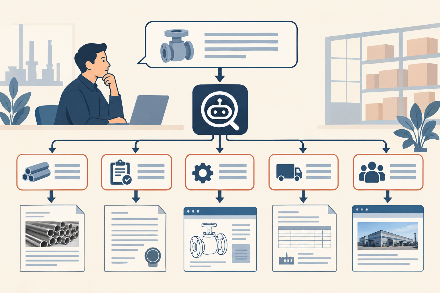 B2B buyer question branching into material, standard, application, lead time and supplier evidence