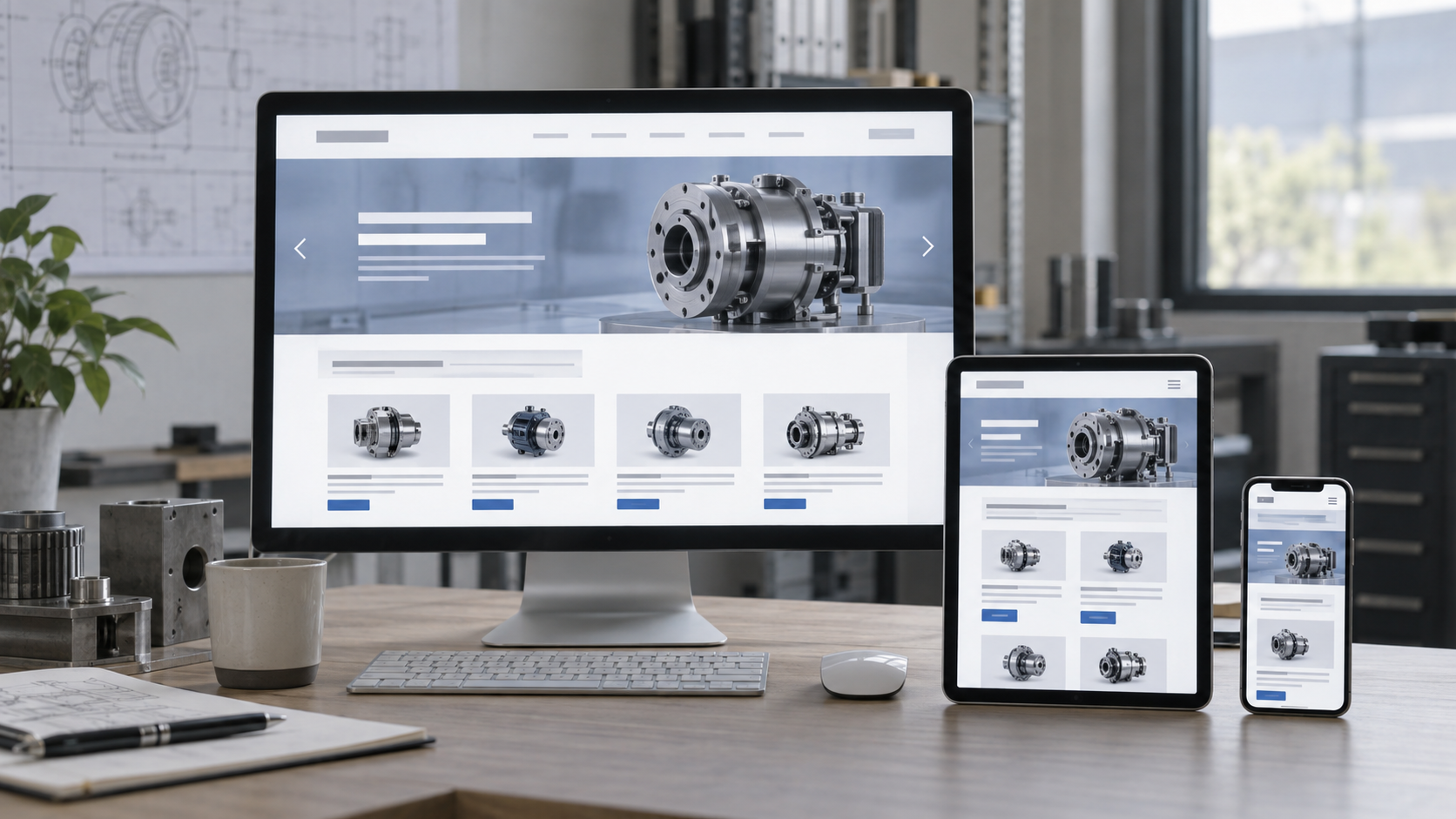 Technical supplier page reflowing across a desktop monitor, tablet and smartphone