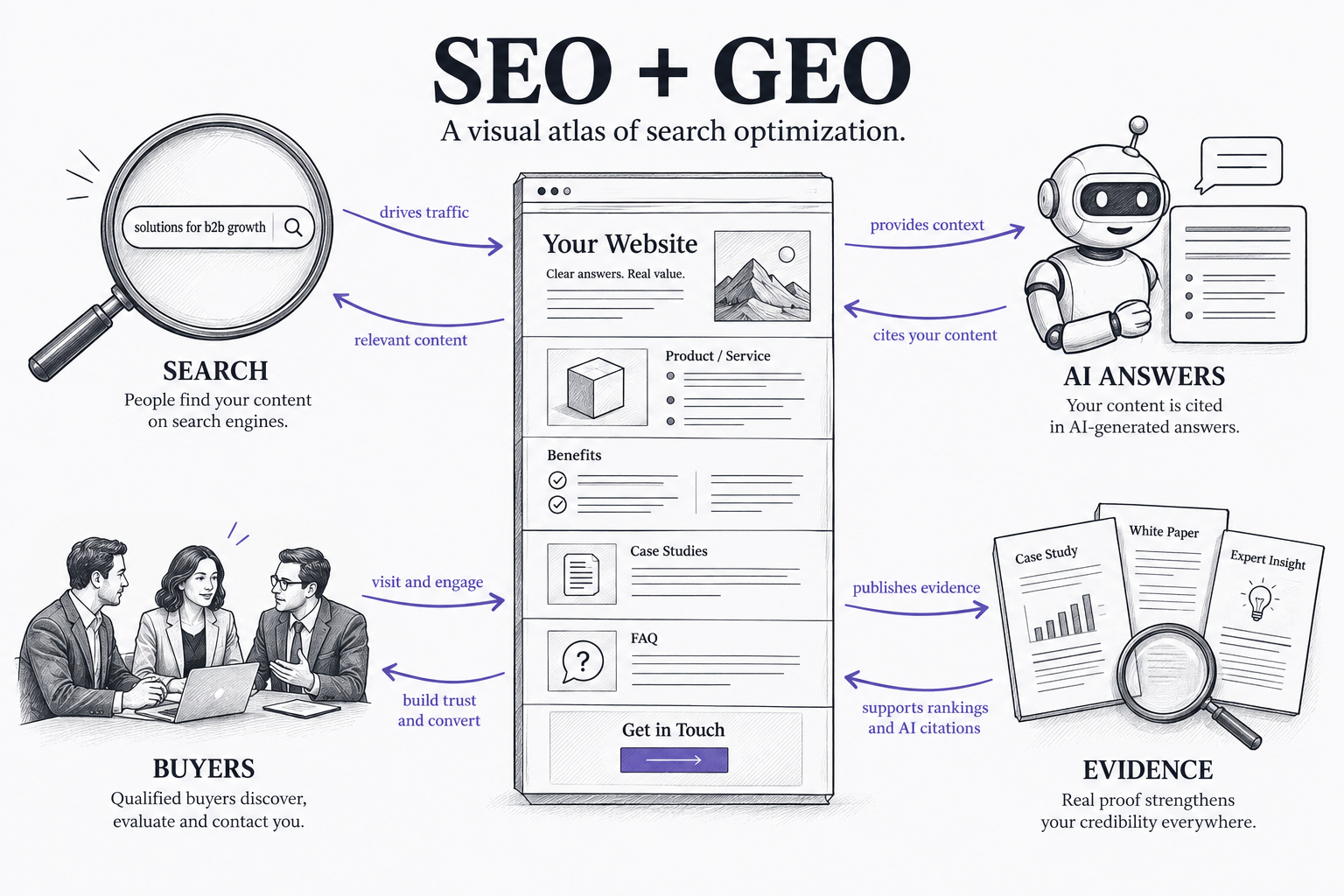SEO与GEO如何连接网页、搜索结果、AI答案与采购者