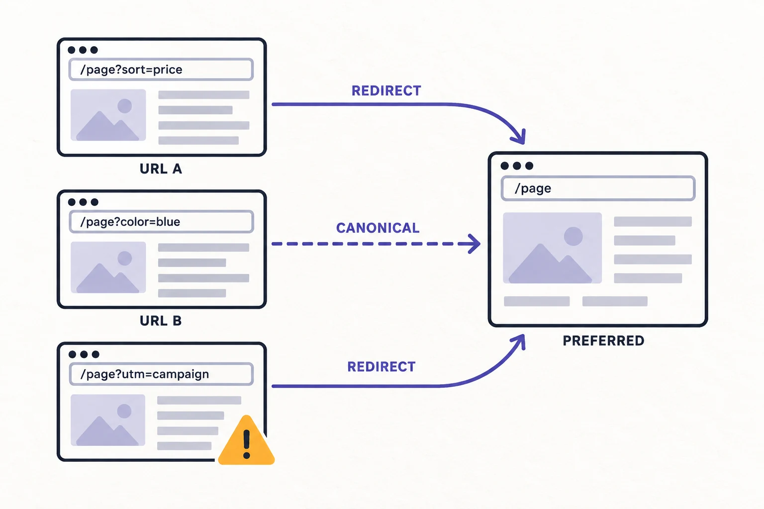 Diagram showing parameterized URLs resolving to one preferred canonical page