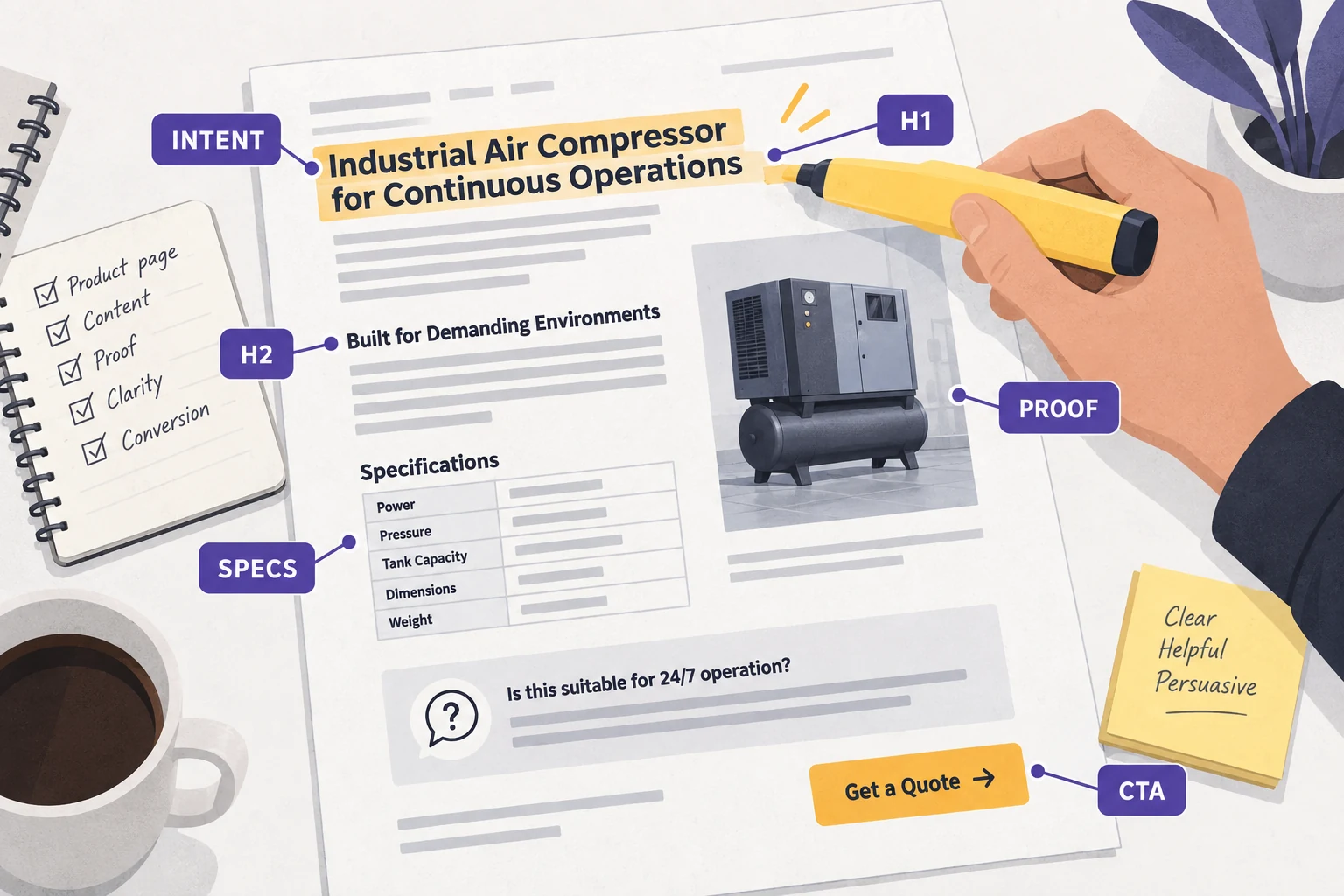 Editorial illustration of a B2B page being reviewed for intent, headings, proof, specifications, and CTA
