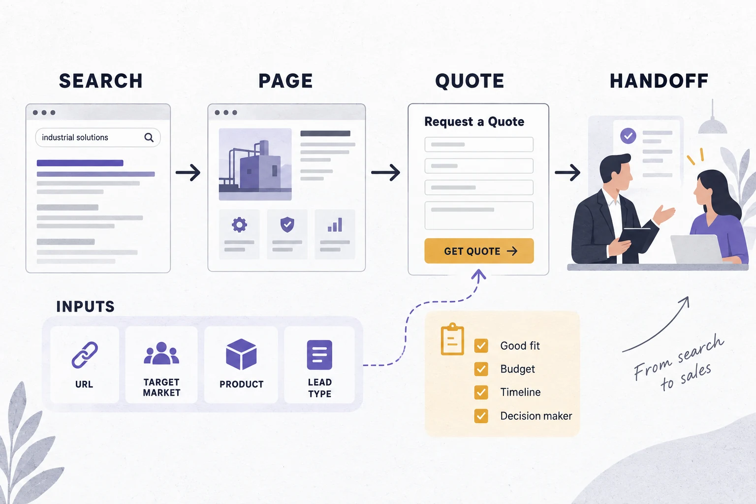 B2B conversion path from search result to page, buyer inputs, quote form, and sales handoff
