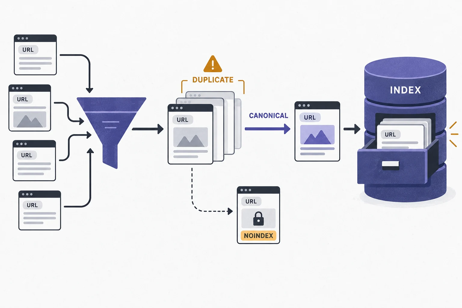Diagram showing pages filtered into a search index after duplicate and canonical checks