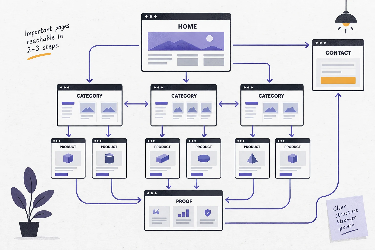 Website architecture diagram linking home, category, product, proof, and contact pages