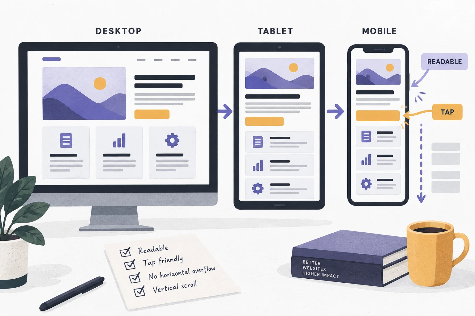 Responsive design diagram comparing desktop, tablet, and mobile page layouts