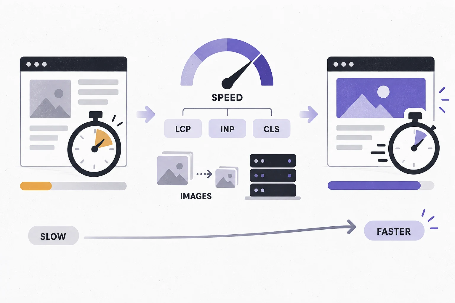 Speed audit diagram showing a page, stopwatch, Core Web Vitals labels, images, and server