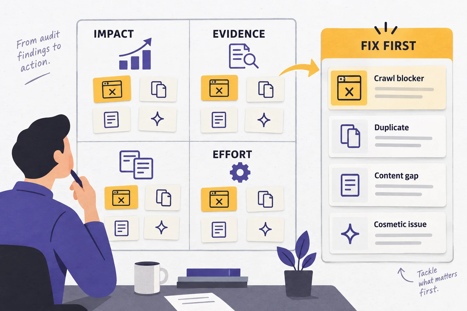 Priority board for SEO audit findings with impact, evidence, effort, and a fix first queue