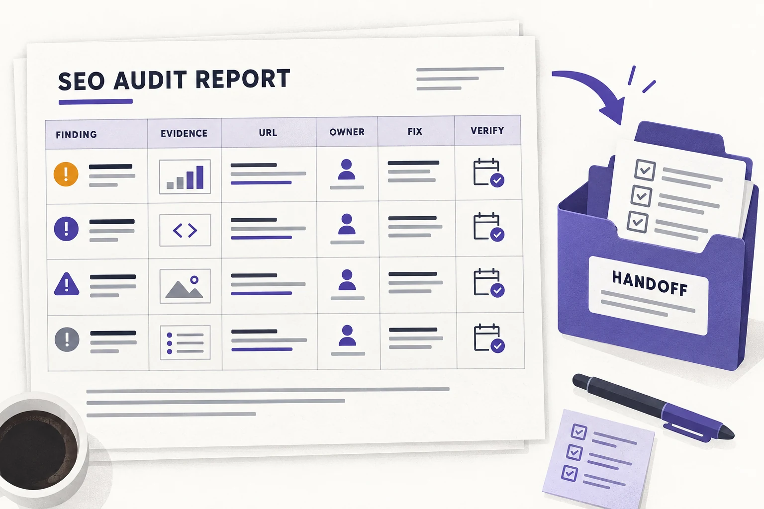 SEO audit report diagram with finding, evidence, URL, owner, fix, verification, and handoff fields