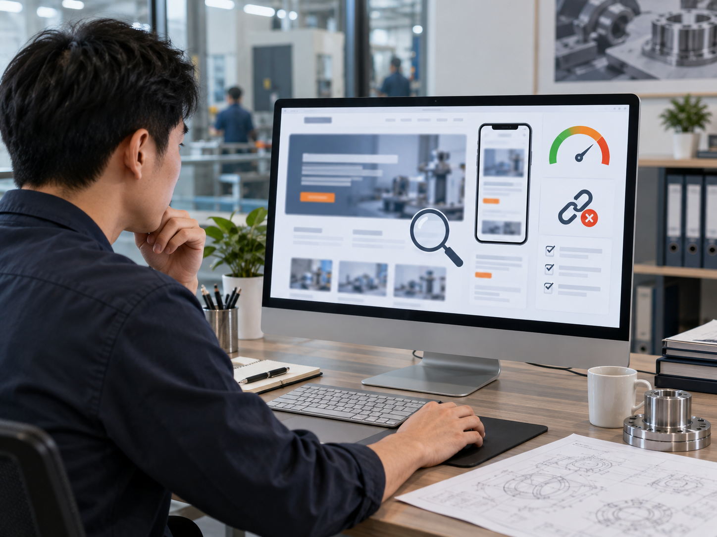 Website specialist checking desktop and mobile page quality with a search and link audit
