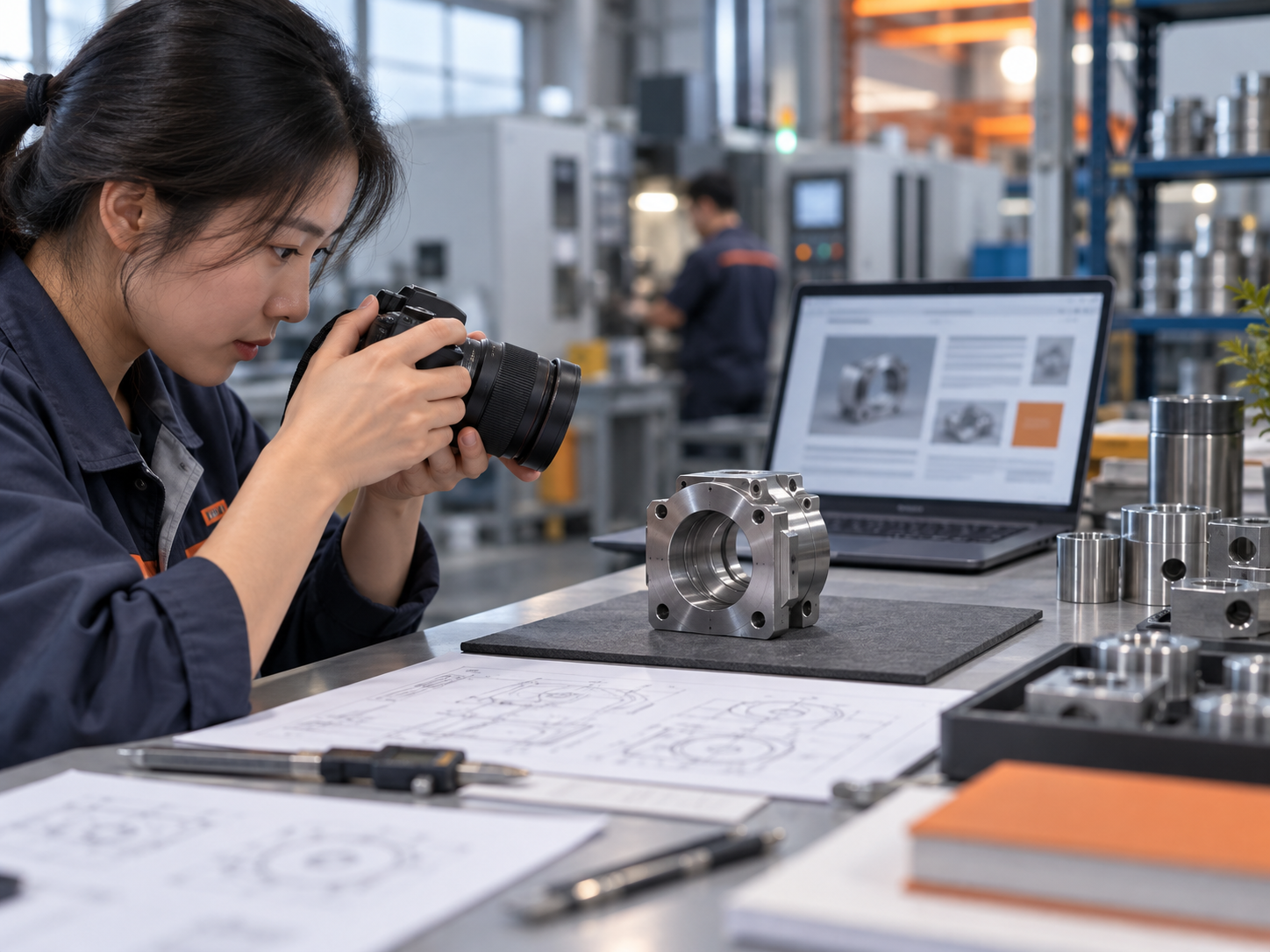 Technical writer photographing an industrial component for original B2B content