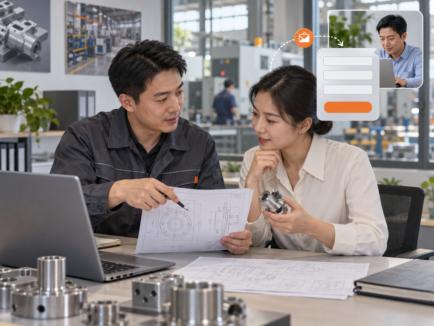 Sales engineer and procurement buyer reviewing a drawing and sample during an inquiry