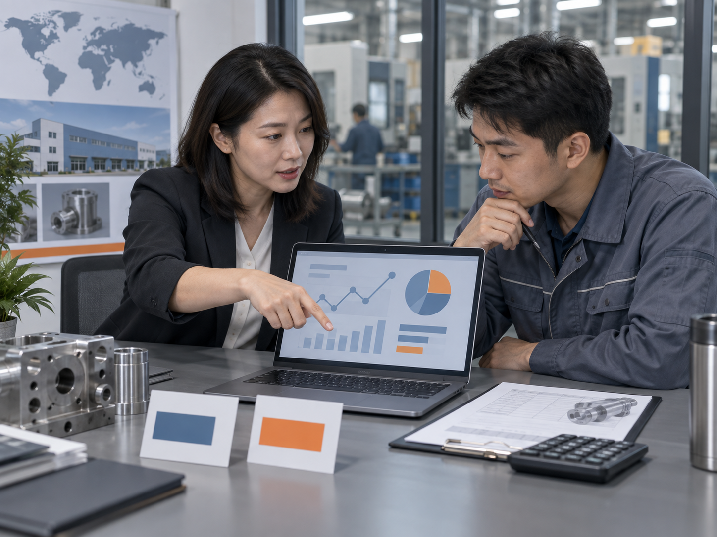 B2B marketing manager and sales engineer reviewing a paid campaign test