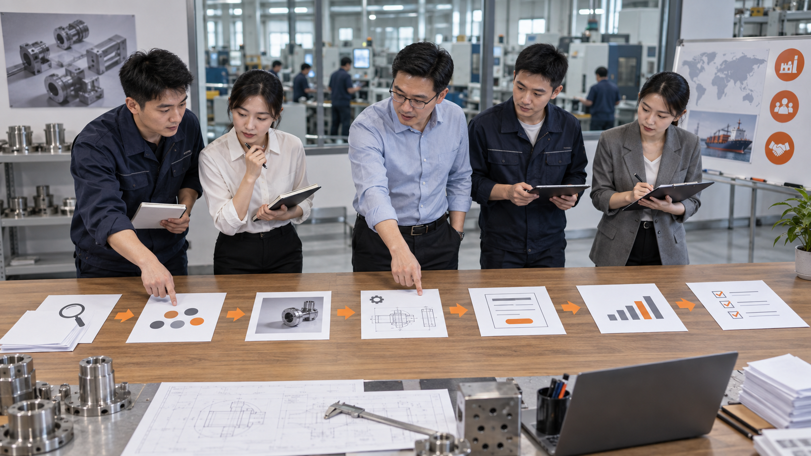 Industrial marketing team reviewing a step by step website promotion workflow